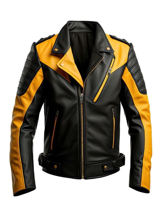 Thread Masters INC Mens Yellow and Black Soft Leather Biker Style Jacket