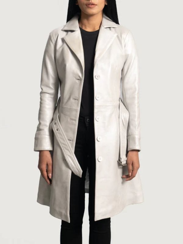 Thread Masters INC Moonlight Lapel Collar Silver Leather Trench Coat