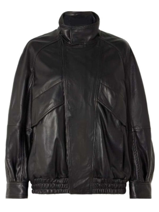 An oversized black leather bomber jacket featuring a high, structured collar, subtle paneling details on the chest and shoulders, and a gathered elasticized hem and cuffs, suggesting a relaxed yet luxurious silhouette.