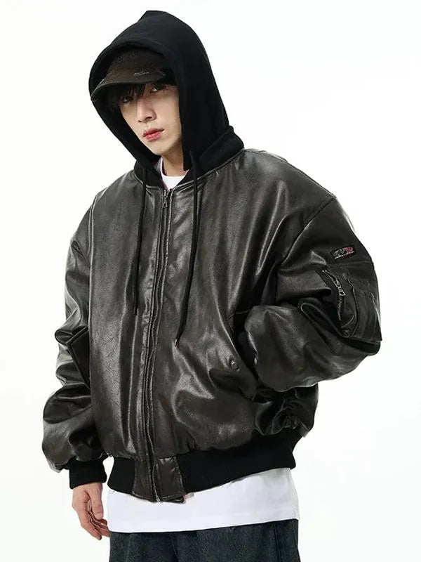 Thread Masters INC Oversized Faux Leather Bomber Jacket with Hood