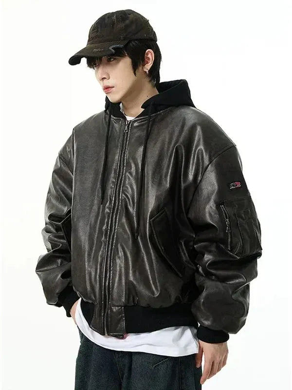Thread Masters INC Oversized Faux Leather Bomber Jacket with Hood