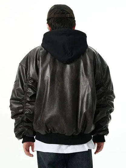 Thread Masters INC Oversized Faux Leather Bomber Jacket with Hood