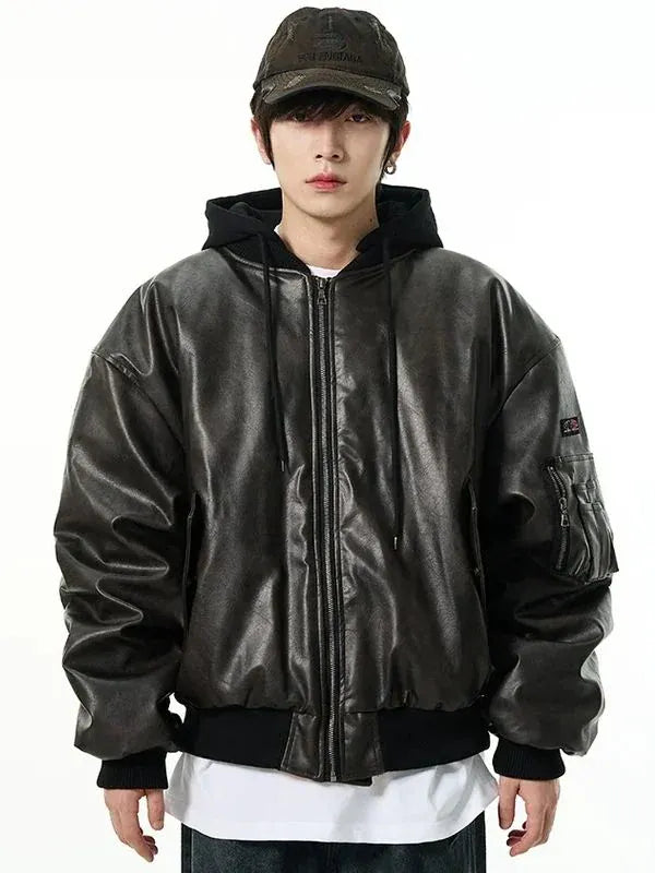 Thread Masters INC Oversized Faux Leather Bomber Jacket with Hood