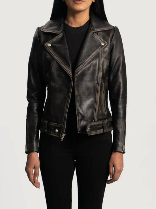 distressed brown leather jacket worn by a person on a white background