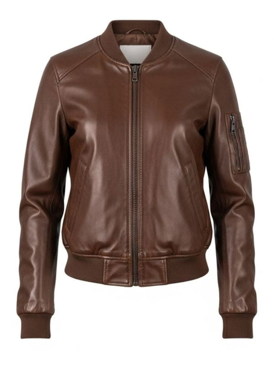 A stylish and sleek brown leather bomber jacket with a front zipper closure, ribbed collar, cuffs, and hem, and a zippered pocket on the left arm.