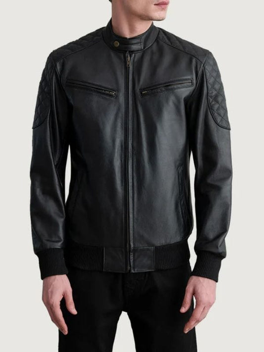 Thread Masters INC Sven Quilted Shoulders Black Leather Bomber Jacket