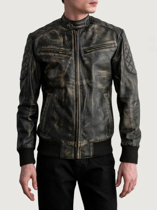 Thread Masters INC Sven Quilted Shoulders Distressed Brown Leather Bomber Jacket