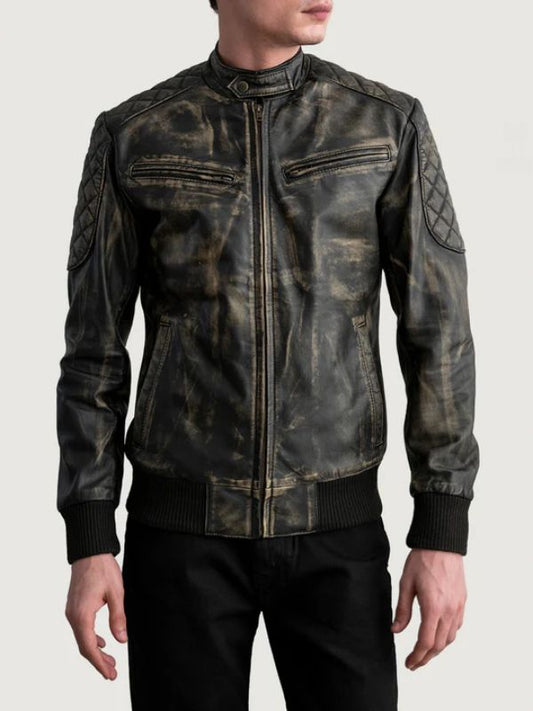Distressed leather jacket worn by a person on a plain background