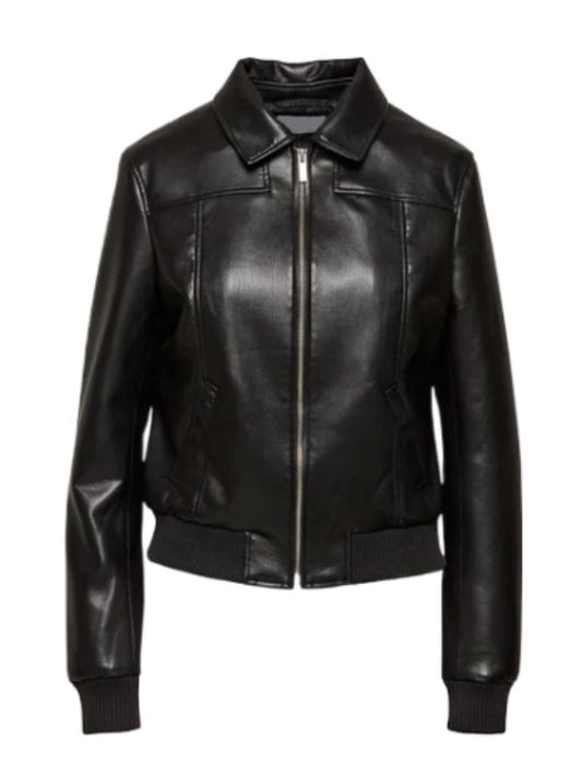 An isolated view of an urban chic black zip-up leatherette jacket, showcasing its clean lines, comfortable ribbed hem and cuffs, and a sharp collar, perfect for adding an edge to any ensemble.