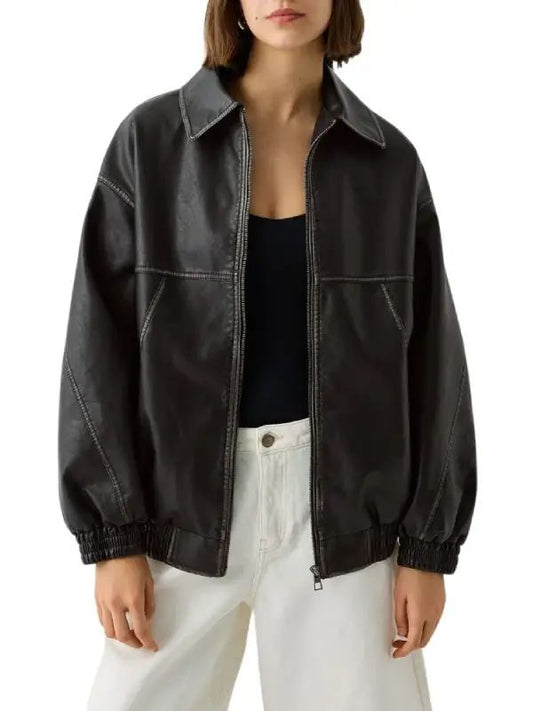 Vintage Black Oversized Bomber Leather Jacket
