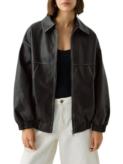 Thread Masters INC Vintage Black Oversized Bomber Leather Jacket