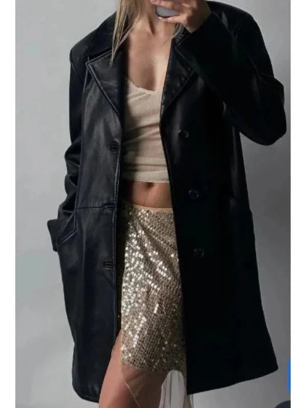 Thread Masters INC Vintage Oversized Long Black Leather Jacket