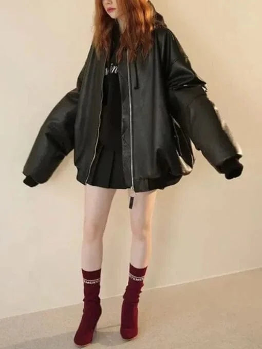 Thread Masters INC Women 90s Oversized Bomber Black Leather Jacket