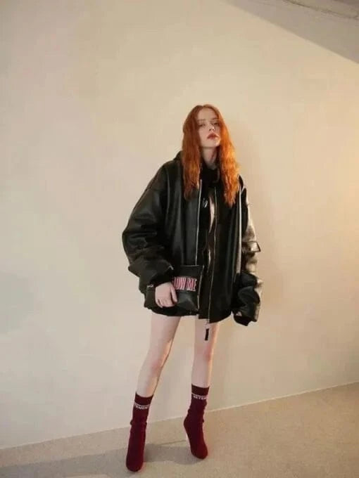 Thread Masters INC Women 90s Oversized Bomber Black Leather Jacket