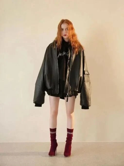 Thread Masters INC Women 90s Oversized Bomber Black Leather Jacket