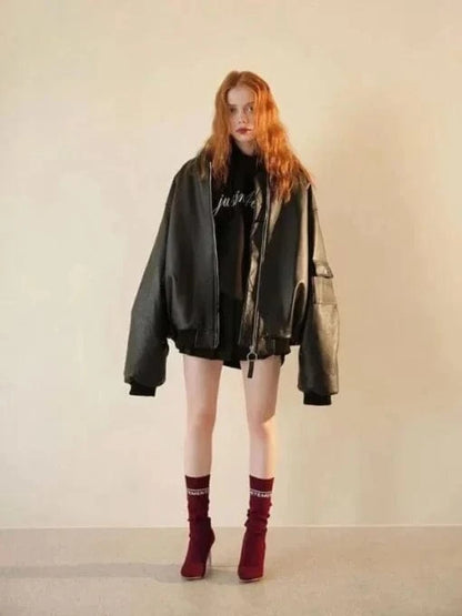 Thread Masters INC Women 90s Oversized Bomber Black Leather Jacket