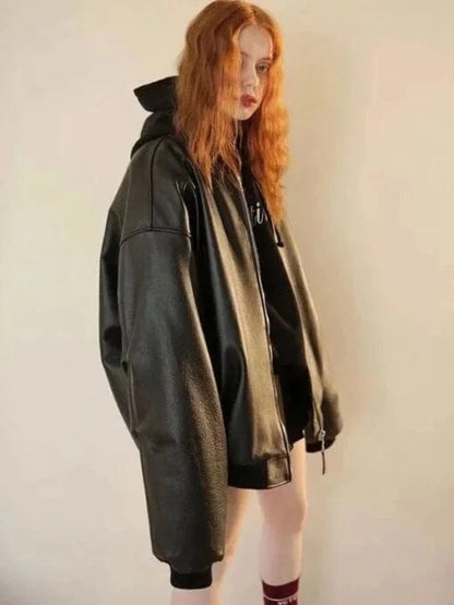 Thread Masters INC Women 90s Oversized Bomber Black Leather Jacket