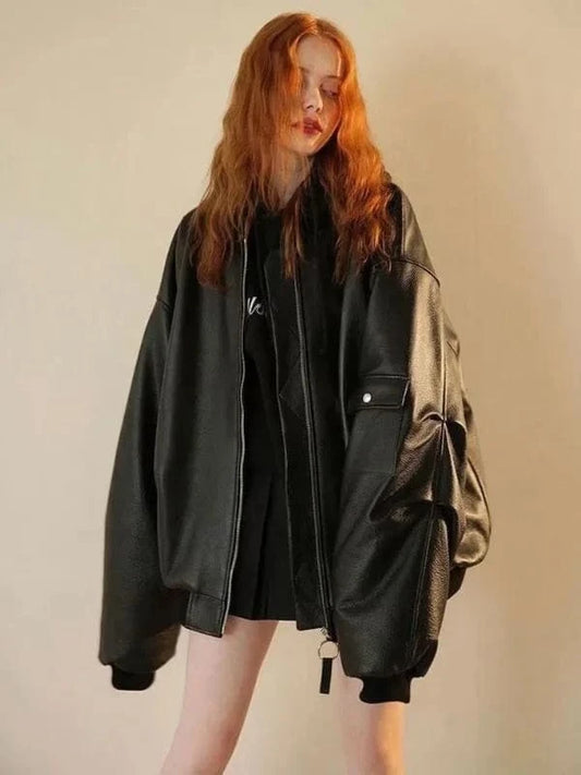 Thread Masters INC Women 90s Oversized Bomber Black Leather Jacket