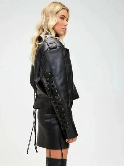 Thread Masters INC Women 90s Oversized Short Black Biker Jacket