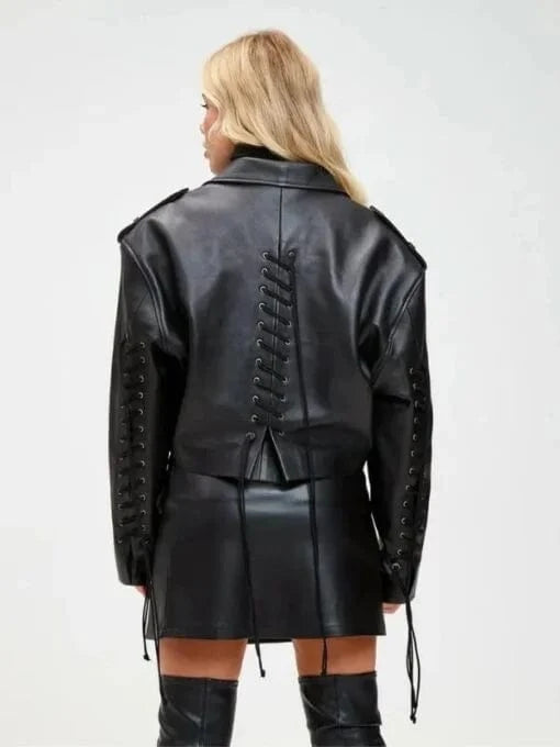 Thread Masters INC Women 90s Oversized Short Black Biker Jacket