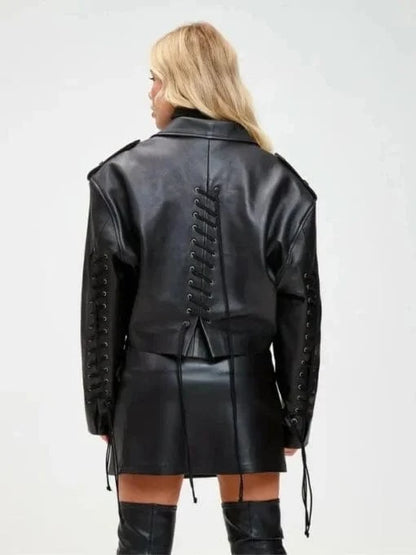 Thread Masters INC Women 90s Oversized Short Black Biker Jacket