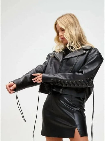 Thread Masters INC Women 90s Oversized Short Black Biker Jacket