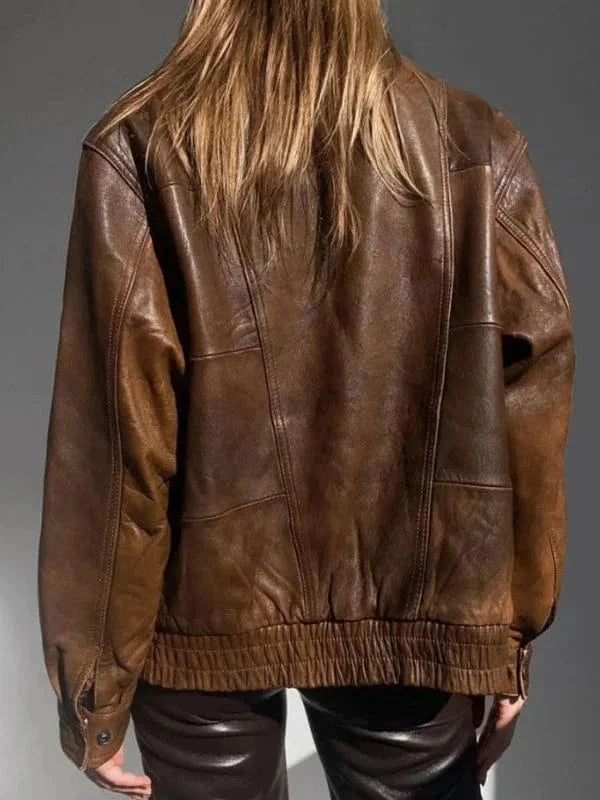 Thread Masters INC Women 90s Oversized Vintage Brown Leather Jacket