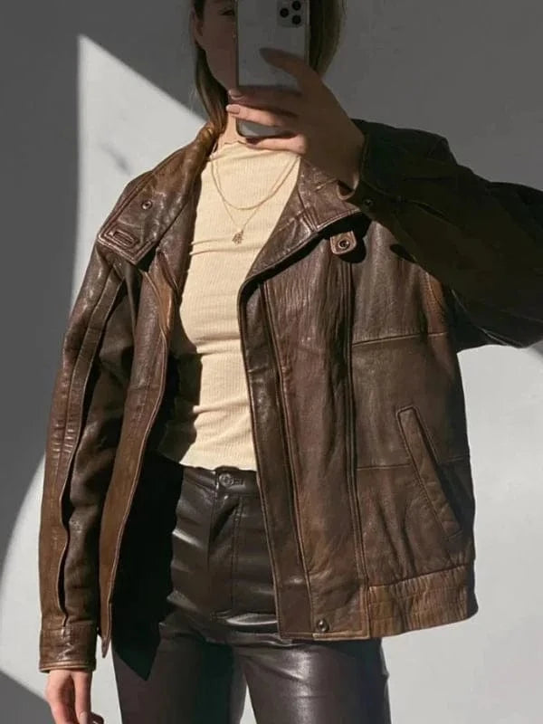 Thread Masters INC Women 90s Oversized Vintage Brown Leather Jacket