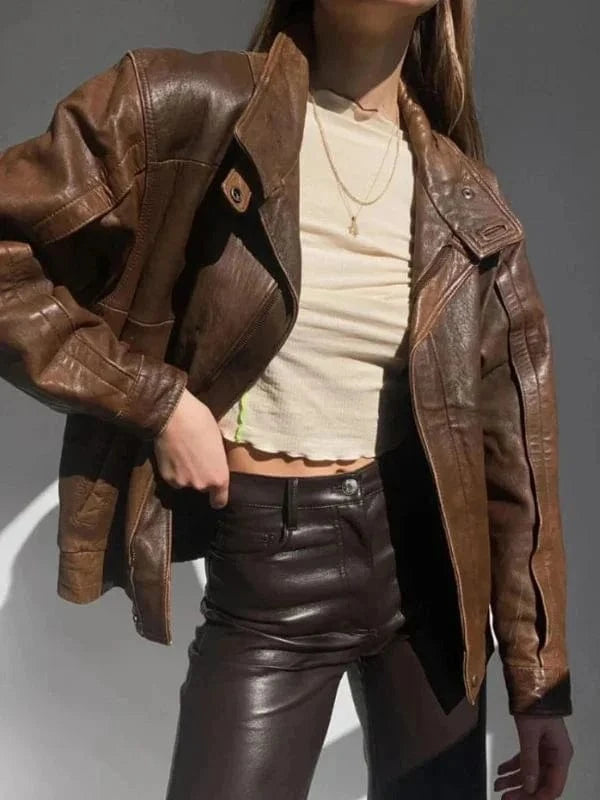 Thread Masters INC Women 90s Oversized Vintage Brown Leather Jacket