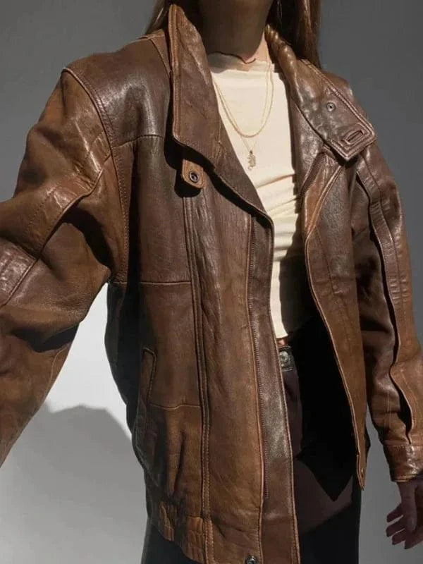 Thread Masters INC Women 90s Oversized Vintage Brown Leather Jacket