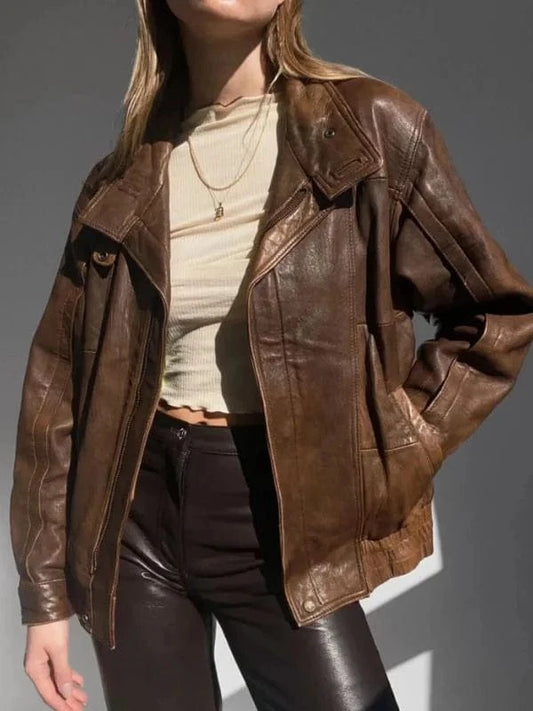 Thread Masters INC Women 90s Oversized Vintage Brown Leather Jacket