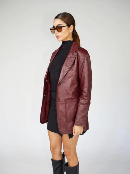 Thread Masters INC Women 90s Style Red Oversized Genuine Leather Blazer
