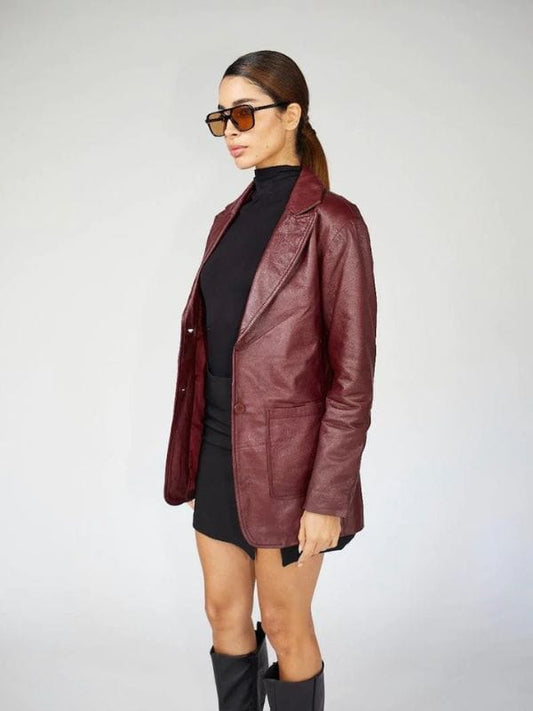 Thread Masters INC Women 90s Style Red Oversized Genuine Leather Blazer