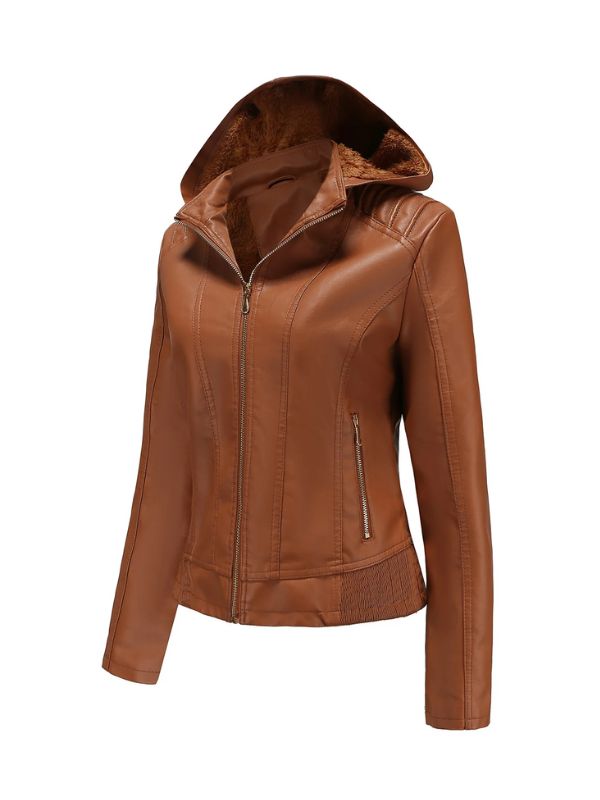 Womens Biker Moto Racer Shearling Brown Leather Hooded Jacket