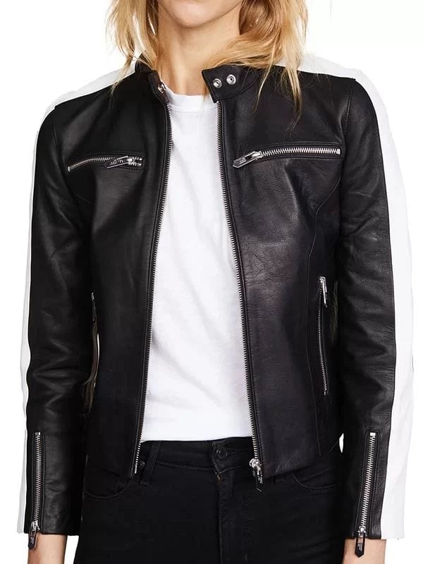 Thread Masters INC Women Black Slim Fit Striped Leather Biker Jacket
