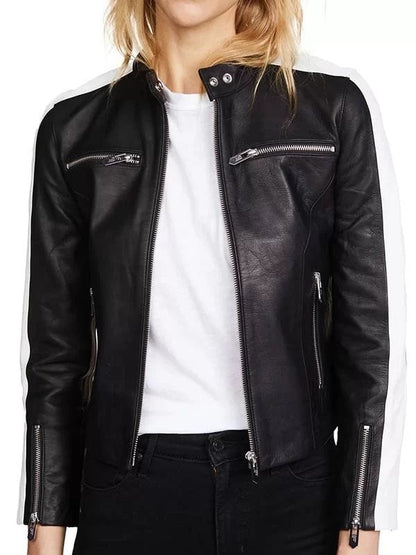 Thread Masters INC Women Black Slim Fit Striped Leather Biker Jacket