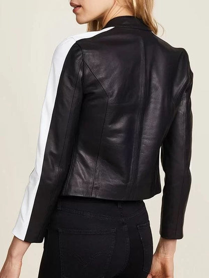 Thread Masters INC Women Black Slim Fit Striped Leather Biker Jacket