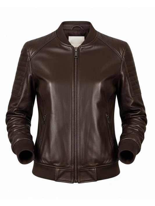 A stylish women's dark brown leather bomber jacket featuring a front zipper closure, ribbed collar, cuffs, and hem, and distinctive quilted detailing on the shoulders.