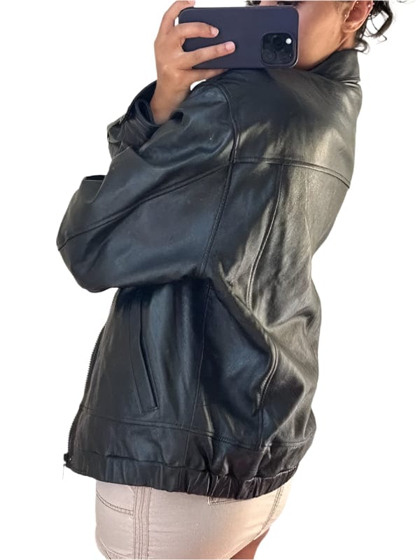 Thread Masters INC Women Handmade Oversize Bomber Black Leather Jacket