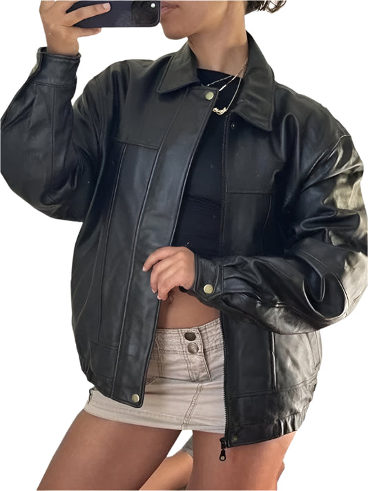 Women Handmade Oversize Bomber Black Leather Jacket