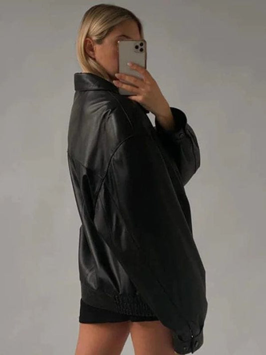 Thread Masters INC Women Oversized Black Bomber 90s Styles Leather Jacket