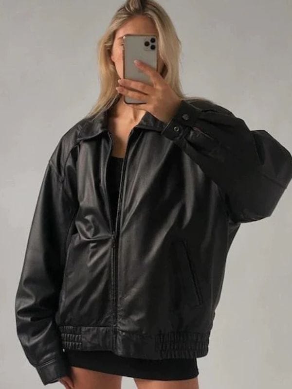 Thread Masters INC Women Oversized Black Bomber 90s Styles Leather Jacket