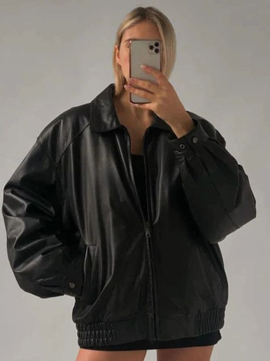 Women Oversized Black Bomber 90s Styles Leather Jacket - Sale
