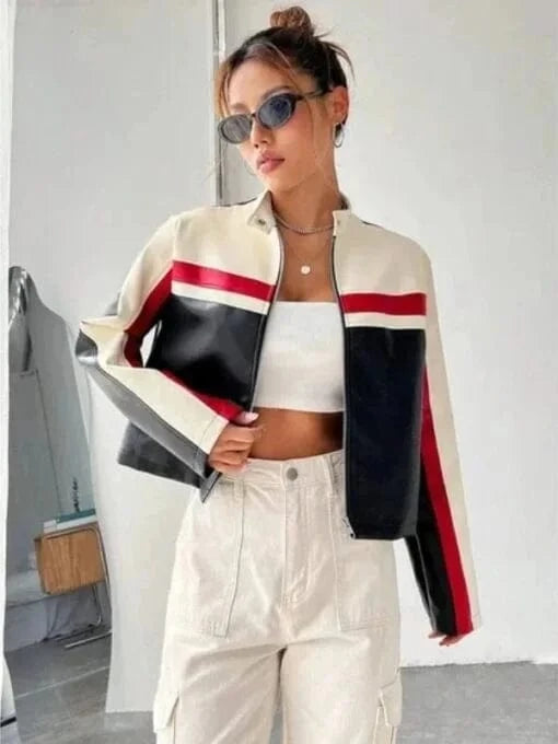 Thread Masters INC Women Oversized Colorblock Cropped leather Jacket