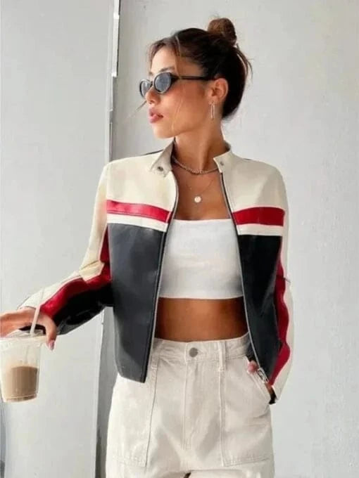 Thread Masters INC Women Oversized Colorblock Cropped leather Jacket