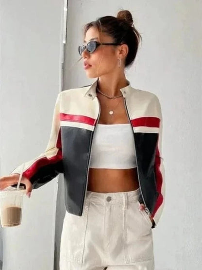 Thread Masters INC Women Oversized Colorblock Cropped leather Jacket