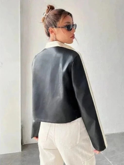 Thread Masters INC Women Oversized Colorblock Cropped leather Jacket