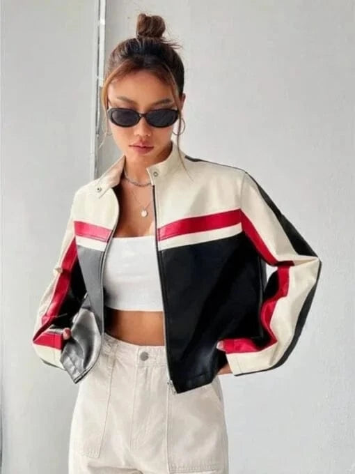 Thread Masters INC Women Oversized Colorblock Cropped leather Jacket