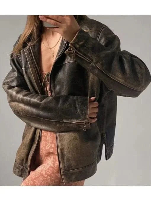 Thread Masters INC Women Oversized Distressed Brown Genuine Leather Jacket