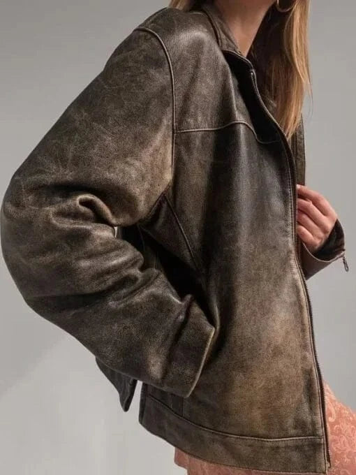 Thread Masters INC Women Oversized Distressed Brown Genuine Leather Jacket